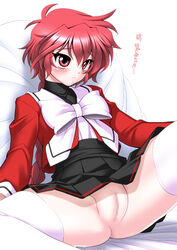 1girls 2014 blush braid breasts censored clothing curvaceous embarrassed female highres hikaru_shidou human large_breasts legs long_hair looking_away magic_knight_rayearth mosaic_censoring no_panties pale-skinned_female pillow presenting pussy red_eyes red_hair sakura_ryuuken school_uniform short_hair simple_background sitting skirt solo spread_legs stockings thick_thighs thighs tied_hair translation_request white_background white_legwear wide_hips