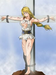 a-ru_(dn1217) blonde_hair blood bondage braid breasts closed_eyes cross crucifixion female injur long_hair milf panties single_braid solo sophitia_alexandra soul_calibur tied_hair underwear white_panties