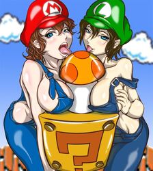 2girls ? ?_block bare_shoulders blue_eyes blush breasts brown_hair bururururu clothes cloud collarbone color costume duo female female_only hair hat hips human large_breasts licking luigi mario mario_(series) multiple_girls mushroom naughty_face nintendo open_mouth overalls pants rule_63 saliva sexually_suggestive short_hair sideboob single_letter sky super_mario_bros. super_mario_bros._(nes) super_mushroom tongue