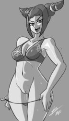 bigdeadalive breasts capcom female female_only human juri_han looking_at_viewer monochrome navel open_mouth panties panties_pull pussy_juice pussy_juice_drip short_twintails solo spider_web_print sports_bra street_fighter super_street_fighter_iv sweat tied_hair twintails underwear