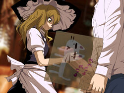 1boy blonde_hair censored dick_in_a_box diisuke faceless_male feline female hair handjob hat huge_cock long_hair marisa_kirisame penis shaded_face shirt touhou white_shirt witch_hat yellow_eyes