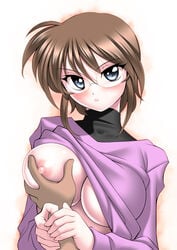 areolae arm_grab assertive blue_eyes blush breast_grab breasts brown_hair female glasses guided_breast_grab highres large_breasts long_sleeves looking_at_viewer lyrical_nanoha mahou_shoujo_lyrical_nanoha_innocent material-s nipples no_bra one_breast_out sakura_ryuuken shirt_lift short_hair simple_background solo_focus standing upper_body white_background