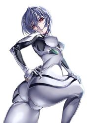 1girls ass blue_hair clothing color dat_ass female from_below hair hand_on_hip hips leg_up looking_at_viewer looking_down medium_breasts neon_genesis_evangelion plugsuit red_eyes rei_ayanami saburou_(hgmg) short_hair simple_background solo trefoil white_background