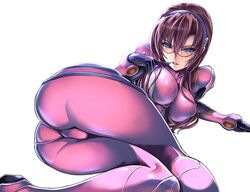 1girls ass blue_eyes bodysuit breasts brown_hair clothing dat_ass erect_nipples erect_nipples_under_clothes female finger_to_mouth glasses hips human large_breasts light-skinned_female light_skin lips long_hair lying mari_illustrious_makinami megane neon_genesis_evangelion nipple_bulge on_side pilot_suit plugsuit rebuild_of_evangelion saburou_(hgmg) skin_tight solo trefoil wallpaper white_background wide_hips