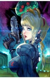 alien bangs blonde_hair blue_eyes bodysuit facial_mark female gun hector_enrique_sevilla_lujan high_resolution long_hair looking_at_viewer metroid metroid_(creature) mole nintendo no_bra parasitic_possession ponytail samus_aran science_fiction_outfit solo tied_hair weapon zero_suit zero_suit_samus