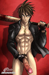 1boy abs balls baseball_bat big_penis black_fingerless_gloves black_gloves black_jacket black_pubic_hair brown_hair erection fingerless_gloves gay gloves gold_(metal) gold_necklace highschool_of_the_dead huge_cock huge_penis large_penis male male_nipples male_only muscles muscular muscular_male necklace nipples nude nudity penis phausto pubic_hair red_background solo takashi_komuro testicle testicles uncensored vein veins veiny veiny_penis yaoi yellow_eyes