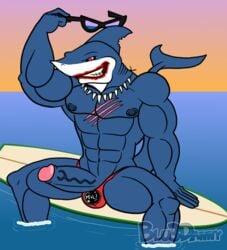 abs biceps big_muscles big_penis bite black_sclera blood blu3danny clothed clothing eyewear fish gills great_white_shark half-dressed male male_only marine muscles necklace nipples pecs penis poking_out red_eyes scar sea shark sitting sunglasses surfboard teeth thong topless vein veiny_penis venice_beach_shark water