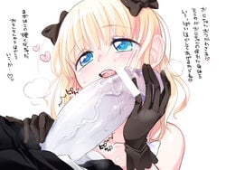 bar_censor black_gloves blonde_hair blue_eyes blush censored fellatio female gloves hair hair_ribbon heart heart-shaped_pupils huge_cock nemu_(nora) oral original penis ribbon simple_background solo_focus symbol-shaped_pupils text tongue translation_request veins veiny_penis white_background