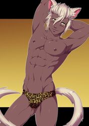 bulge catboy dark_skin final_fantasy final_fantasy_xiv justsyl leopard_print male male_only miqo'te solo speedo