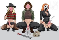 3futas a_nightmare_on_elm_street abs big_breasts big_penis blonde_hair blue_eyes blush bottomless breasts brown_hair crop_top cum cum_on_floor freddy_krueger friday_the_13th futa_only futanari futapoof genderswap_(mtf) ghostface ghostface_(scream) green_eyes hat jacket jason_voorhees lingerie long_hair mask masked_futa orange_hair pants pantyhose penis scream_(franchise) short_hair squatting stockings thick thick_thighs