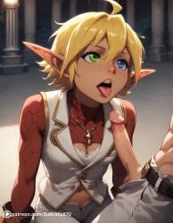 ai_generated aura_bella_fiora blowjob dark-skinned_female dark_elf dark_skin heterochromia looking_back nipples overlord_(maruyama) seductive sex smile sultralis sultralis870 yellow_hair