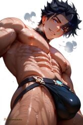 abs ai_generated bara boy erection genshin_impact goldenfieldszho large_pectorals looking_at_viewer male_focus male_pubic_hair muscular muscular_male navel navel_hair nipples nude pectorals pubic_hair short_hair smile solo sweat thick_thighs thighs uncensored wriothesley