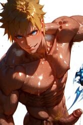 abs adult ai_generated alternative bara blond_hair_male blue_eyes boy chest_hair erection goldenfieldszho large_pectorals looking_at_viewer male_focus male_only male_pubic_hair muscular muscular_male naruto navel navel_hair nipples nude pectorals penis pubic_hair short_hair smile solo sweat testicles thick_thighs thighs uncensored uzumaki_naruto version