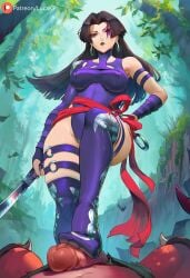 1boy 1girls ai_generated black_hair bottom_up demon dominant_female female femdom footjob forest katana looking_up lucakp male_pov markings marvel marvel_comics marvel_rivals patreon patreon_link patreon_logo patreon_reward patreon_url patreon_username pov psylocke psylocke_(marvel_rivals) psylocke_(vengeance) red_body serious stepping_on_penis sword tagme unamused vengeance_psylocke