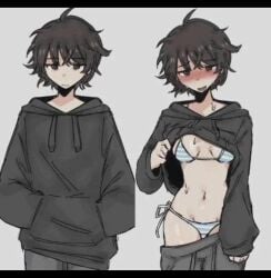 1girls belly belly_button bikini blush blushing brunette drawstring embarrassed emo eyebrows_visible_through_hair hidden_curves hoodie hoodie_lift looking_at_viewer messy_hair navel nervous nervous_smile nervous_sweat original_character oversized_clothes pants_down reverse_trap shiny_hair shirt_lift side-tie_bikini side-tie_bikini_bottom small_breasts smile smiling snale_(04119_snail) solo solo_female solo_focus striped_bikini striped_panties stripes stripping sweat_pants tagme tomboy