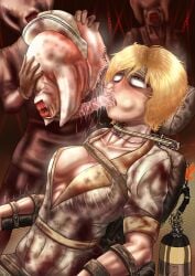 2d 2d_(artwork) aged_up ahe_gao big_breasts blonde_hair blood blood_splatter blood_stain bondage brainwashing breasts brown_eyes cheryl_mason cleavage corruption dildo_in_mouth dirty excessive_saliva eyes_rolling_back fear female female_focus forced forced_transformation freckles heather_mason horror horror_(theme) identity_death light_skin mask medical mind_break mind_control monster monster_girl mouth_bulge mr.bones22 multiple_girls nostril_penetration nurse nurse_(silent_hill) nurse_cap nurse_hat nurse_uniform open_mouth pleasure_face pre-transformation restrained restraints saliva saliva_trail silent_hill silent_hill_2 silent_hill_3 skirt slave submissive_female sucking_tentacle sweat tentacle tentacle_in_mouth transformation