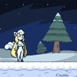 alolan_form alolan_ninetales alolan_vulpix alternate_species animated art_trade blonde_hair blue_fur chabble evolve long_hair lusamine_(pokemon) pixel_animation pixel_art pokemon pokemon_evolution snow transformation white_fur