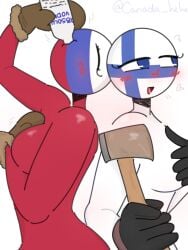 2girls axe blue_eyes blush bottle breasts closed_eyes countryhumans countryhumans_girl finland_(countryhumans) gloves mittens red_body red_skin russia_(countryhumans) white_background white_body white_skin xx.canada.xx