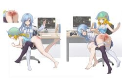 2girls absurdres anger_vein anus aqua_eyes ass attack_of_the_hatogod black_thighhighs blonde_hair blue_eyes blue_hair blue_ribbon breasts clothes_lift computer_keyboard controller covered_nipples detached_sleeves feet game_controller gamepad hand_up highres long_hair medium_breasts medium_hair monitor multiple_girls on_chair one_eye_closed original over_the_knee panties panty_pull pussy ribbon role_reversal skirt skirt_lift spanked spanking tears thighhighs toenails underwear white_thighhighs