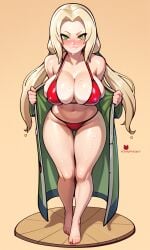 ai_generated bare_legs bare_shoulders barefoot big_ass big_breasts bikini blush breasts candypinklips erect_nipples eyelashes feet female green_eyes hands_on_towel large_breasts legs lipstick looking_at_viewer milf naruto naruto_(series) naruto_shippuden naughty_face naughty_smile puffy_breasts puffy_nipples red_bikini smile tanned tanned_female toenail_polish toes tsunade twintails yellow_hair