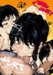 1boy 2girls balls black_hair blowjob blue_eyes blush blushing chainsaw_man crois dark_hair deepthroat english_text fellatio female light-skinned_female male male/female mitaka_asa naked naked_female nude nude_female oral penis_in_mouth pink_eyes pov scar scar_across_eye scar_on_face scarred scarred_face shounen_jump sucking_penis tagme text vilecrois yoru_(chainsaw_man)