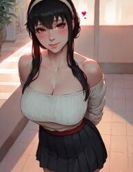 ai_generated aroused aroused_face aroused_female aroused_smile black_hair black_skirt blush breasts cleavage dark-skinned_male female heart l-major large_breasts looking_at_viewer off_shoulder pale-skinned_female pale_skin red_eyes skirt smiling spy_x_family yor_briar yor_forger