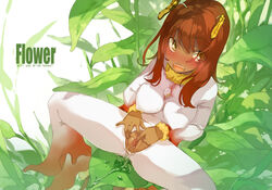 1girls antennae bee_girl blush breasts brown_hair dark-skinned_female dark_skin dripping_pussy english erect_nipples excessive_genital_fluids fangs female flower insect_girl leaf long_hair looking_away looking_up maruku monster_girl nectar nipples open_mouth orange_eyes original personification petals plant_girl pussy pussy_juice sitting solo spread_legs spread_pussy stamen text uncensored yellow_eyes