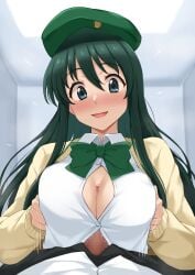 1boy :d beret blush bow bowtie breasts cardigan censored cleavage collared_shirt commission female grabbing_own_breast green_bow green_bowtie green_eyes green_hair green_hat hat highres long_sleeves mosaic_censoring open_mouth paizuri penis pov shirt skeb_commission smile solo_focus straight tsuruyama_(tenten) umegae_naomi white_shirt yellow_cardigan zettai_karen_children