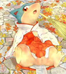 blush broom clothed clothing female feral fur furry furry_only hi_res japanese_clothing legs_up looking_at_viewer lying nintendo on_back open_mouth outside pokémon_(species) pokemon pokemon_(species) pussy pussy_juice quilava solo sweat vcrow_shuu video_games