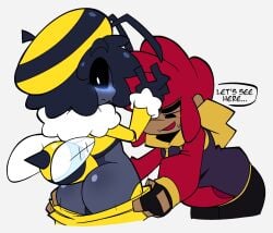 1boy 1girls ass ass_focus bee bee_boy bee_humanoid big_ass big_butt black black_body black_hair character_request dark-skinned_female dark_skin dialogue imminent_sex max_(stashamber) micotherock oc original_character stashamber_(artist) tagme tagme_(character) undressing