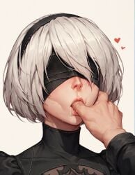 1boy 1girls ai_generated blindfold blush caressing_face face_focus finger_in_mouth nier:_automata pov rtxfus rtxfus34 saliva sexually_suggestive shy sucking_finger white_hair yorha_2b yorha_9s