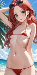 1girls ai_generated armpits arms_behind_back arms_up background bangs bare_midriff bare_shoulders bare_thighs beach belly_button big_eyes bikini bikini_bottom bikini_top blush breasts busty cleavage collarbone commentary_request cute cute_face cute_girl day earrings female female_focus female_only flat_chest flat_chested girl girly green_eyes hair hair_over_shoulder hair_ribbon happy happy_female hips lia_the_busty_redhead lipstick long_hair looking_at_viewer midriff narrow_waist nature nature_background navel no_pants ocean original original_character outdoors outside petite petite_body red_eyes red_lipstick ribbon self_upload shades sideboob skimpy skimpy_bikini skimpy_clothes skinny sky slender_body small_breasts smile smiling smiling_at_viewer solo solo_female solo_focus string_bikini sunglasses sunglasses_on_head tagme thigh_gap thighs underboob water wavy_hair