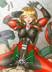 1boy absurdres arikawa blonde_hair blush bodysuit breasts bullets capcom censored closed_eyes clothed_sex cum cum_in_pussy erect_nipples female forced_in_fabric gun hair headgear helmet lying missionary omokane_saki open_mouth penetration quiz_nanairo_dreams salute sex short_hair skin_tight spread_legs sweat through_clothes vaginal_penetration weapon