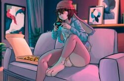 anthro balls clothed clothing container femboy food furniture gaming genitals hi_res hoodie lagomorph leporid living_room long_ears male mammal on_sofa partially_clothed pizza pizza_box playing_video_game rabbit remmy_(remybunny) sitting sitting_on_sofa sofa solo topwear xlyuz