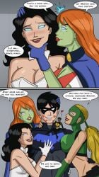 1boy 4girls @_@ animated artemis_(dc) artemis_crock big_breasts black_hair blonde_hair breast_press breasts bumblebee_(dc) dc dc_comics dick_grayson female gif hypnosis hypnotic_eyes karen_beecher large_breasts male mind_control miss_martian nightwing polmanning red_hair self_hypnosis tagme young_justice zatanna