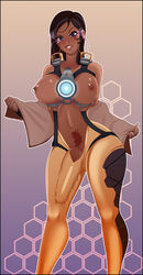 1futa 2d areolae ball_bulge balls balls_under_clothes blizzard_entertainment blue_eyes breasts brown_hair bulge cameltail cosplay dark-skinned_futanari dark_skin dickgirl earrings erect_nipples erection erection_under_clothes futa_only futanari hoop_earrings hoop_earrings_oversized idunna intersex jacket jaessa large_breast large_penis long_hair navel navel_piercing nipple_piercing nipple_ring nipple_rings nipples no_panties overwatch overwatch_2 penis penis_bulge penis_under_clothes piercing smile solo solo_futa standing straps tattoo tenting topless tracer_(cosplay) wide_hips