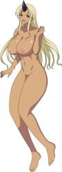 black_horn blonde_hair_female dark-skinned_female ears_visible_through_hair hairless_pussy horn horned_female horned_humanoid lionprideart monster_musume nude nude_female red_eyes shiny_skin snaggle_tooth tionishia_(monster_musume) transparent_background