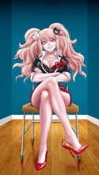 artist_request blue_eyes danganronpa feet_fetish foot_fetish foot_worship heels junko_enoshima legs_crossed nail_polish pink_hair red_nails