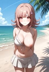 1girls ai_generated areolae bikini blush breasts cute danganronpa danganronpa_2:_goodbye_despair exposed_breasts hair_ornament mole_on_breast nanami_chiaki nipples nude pikkiwynn pink_eyes platinum_blonde_hair short_hair shy solo_female wardrobe_malfunction