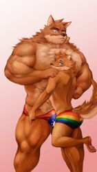 abs anthro ass barazoku barefoot biceps big_pecs blue_eyes bulge canine flowamai fox fur furry looking_at_viewer looking_back looking_down male mammal manly muscular pawpads paws pecs presenting presenting_hindquarters rainbow raised_leg size_difference smile solo thick_thighs wolf yaoi