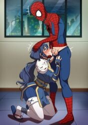 blowjob blue_eyes couple_sex crossover duo lucina_(fire_emblem) ninja peter_parker spider-man spider-man_(series) sucking_penis the_dark_mangaka