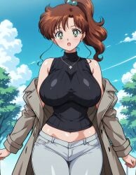 ai_generated alternate_breast_size big_breasts bishoujo_senshi_sailor_moon blue_jeans breasts brown_coat civilian_clothes clothing huge_breasts large_breasts makoto_kino sailor_jupiter steak_ai