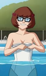 ai_generated ass bigmic145 bikini breasts cartoon_network glasses one-piece_swimsuit red_hair scooby-doo scooby-doo!_mystery_incorporated stripping swimming_pool swimsuit velma_dinkley velma_dinkley_(mystery_incorporated)