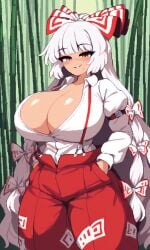 ai_generated bamboo_forest fujiwara_no_mokou huge_breasts long_hair red_eyes red_pants smiling_at_viewer suspenders touhou white_bow white_hair white_shirt