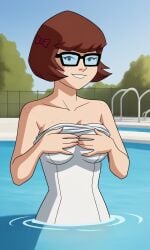 ai_generated ass bigmic145 bikini breasts cartoon_network glasses one-piece_swimsuit red_hair scooby-doo scooby-doo!_mystery_incorporated stripping swimming_pool swimsuit velma_dinkley velma_dinkley_(mystery_incorporated)