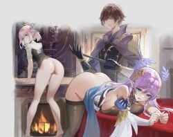 1boy 2girls absurdres ass attack_of_the_hatogod bare_shoulders bent_over black_gloves braid breast_press breasts brown_hair candle character_request cloak clothes_lift copyright_request crying elf fireplace gloves green_eyes hair_ornament highres holding holding_weapon huge_ass imminent_spanking kneepits large_breasts long_hair medium_hair multiple_girls open_mouth pink_hair pointy_ears purple_eyes purple_hair pussy weapon