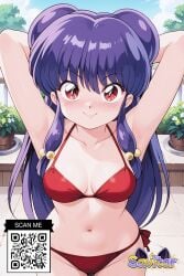 ai_generated armpits arms_behind_head arms_up bangs bikini blush breasts closed_mouth clothing cloud day double_bun female hair_bun hair_ornament halterneck littlehentai long_hair looking_at_viewer medium_breasts navel outdoors plant potted_plant purple_hair ranma_1/2 red_bikini red_eyes savitar savitar_(artist) shampoo_(ranma_1/2) side-tie_bikini_bottom sidelocks smile solo string_bikini swimsuit tied_hair