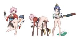 2girls age_difference amulet anklet anus ass attack_of_the_hatogod bare_shoulders big_breasts black_footwear blue_hair blush bondage bottomless bound breasts brown_eyes cleft_of_venus crown feet fingerless_gloves full_body gloves groin hair_ornament hand_up holding holding_sword holding_weapon honkai:_star_rail honkai_(series) humiliation imminent_spanking jewelry kneepits large_breasts march_7th_(honkai:_star_rail) march_7th_(hunt)_(honkai:_star_rail) medium_hair multiple_girls multiple_views navel open_mouth petite pink_hair pussy red_eyes restrained role_reversal scared small_breasts sword thigh_strap thighhighs thighs toenails weapon white_background white_thighhighs yunli_(honkai:_star_rail) zettai_ryouiki