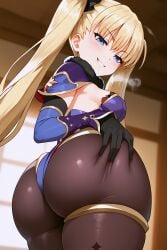 ai_generated airi_akizuki ass ass_focus ass_grab blush bodystocking breasts clothing cosplay from_behind half-closed_eyes heavy_breathing huge_ass medium_breasts mona_(genshin_impact) mona_(genshin_impact)_(cosplay) oni_chichi shiny_skin smirk teeth tight_clothing