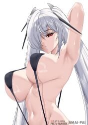 absurdres amai-pai anachiro_(nikke) arm_up armpits artist_name big_breasts black_slingshot_swimsuit breasts cinderella_(nikke) closed_mouth goddess_of_victory:_nikke hair_ornament hair_over_one_eye highres large_breasts long_hair looking_at_viewer patreon_logo red_eyes simple_background slingshot_swimsuit solo swimsuit twintails upper_body white_background white_hair